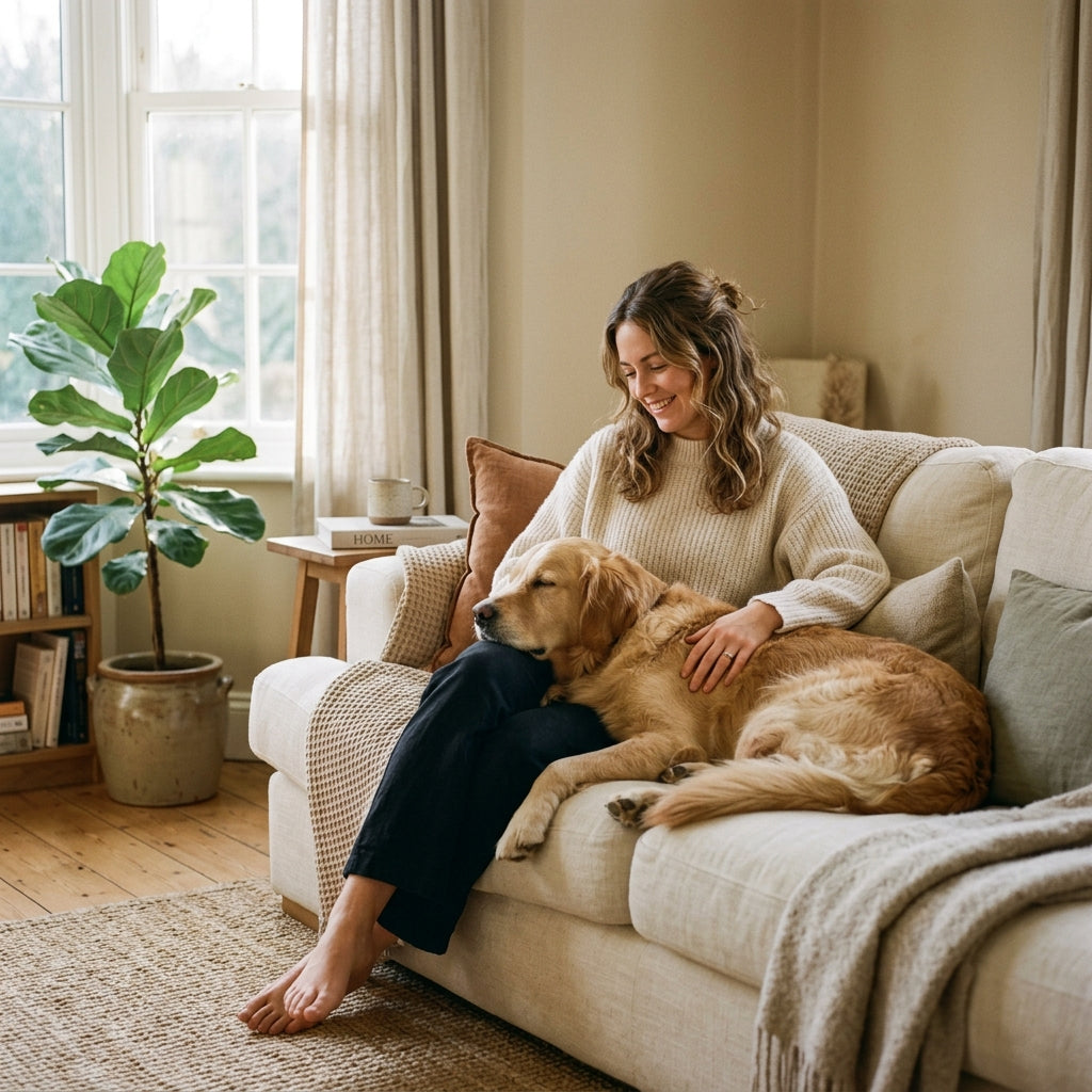 Person sitting with a calm golden retriever