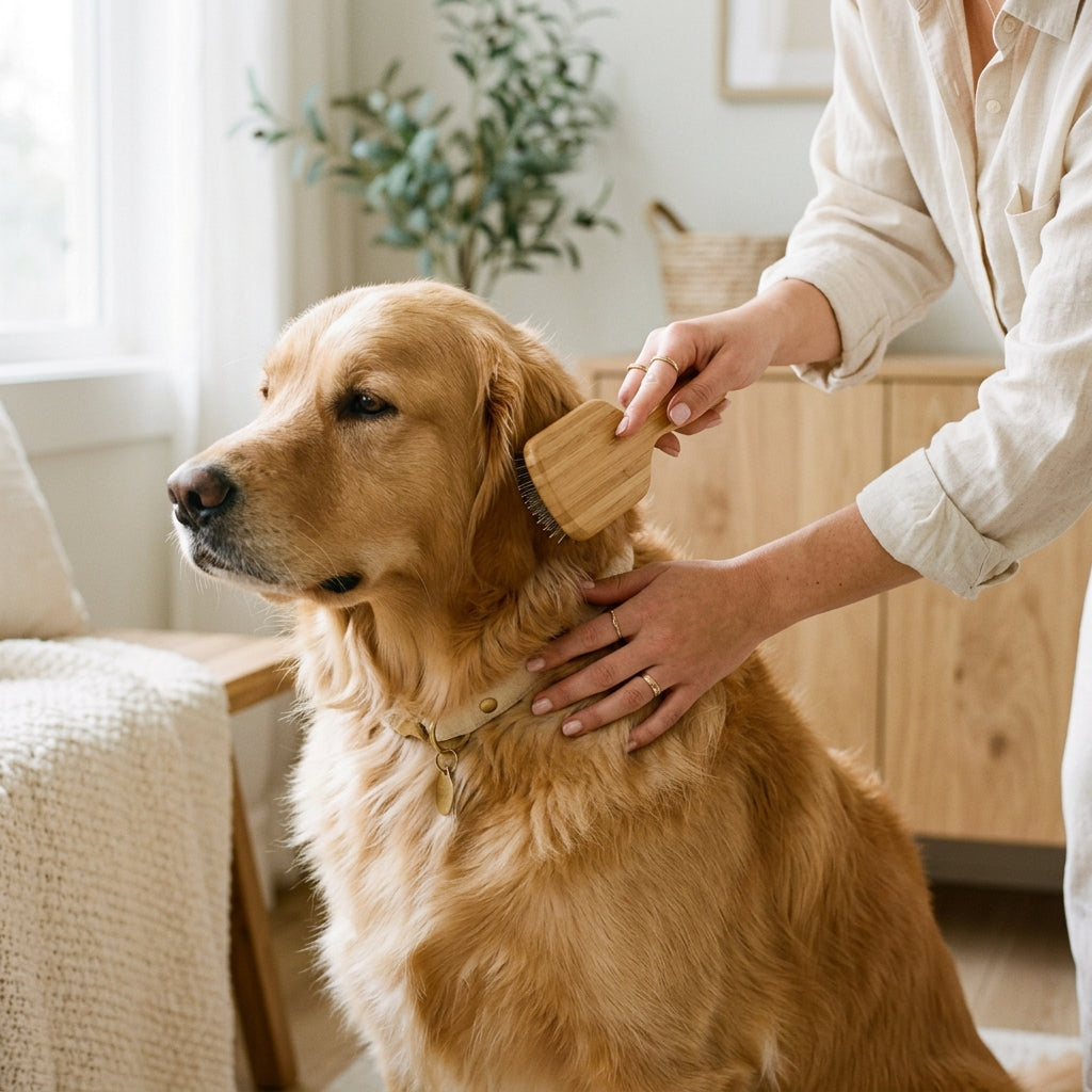 Person gently grooming a golden retriever